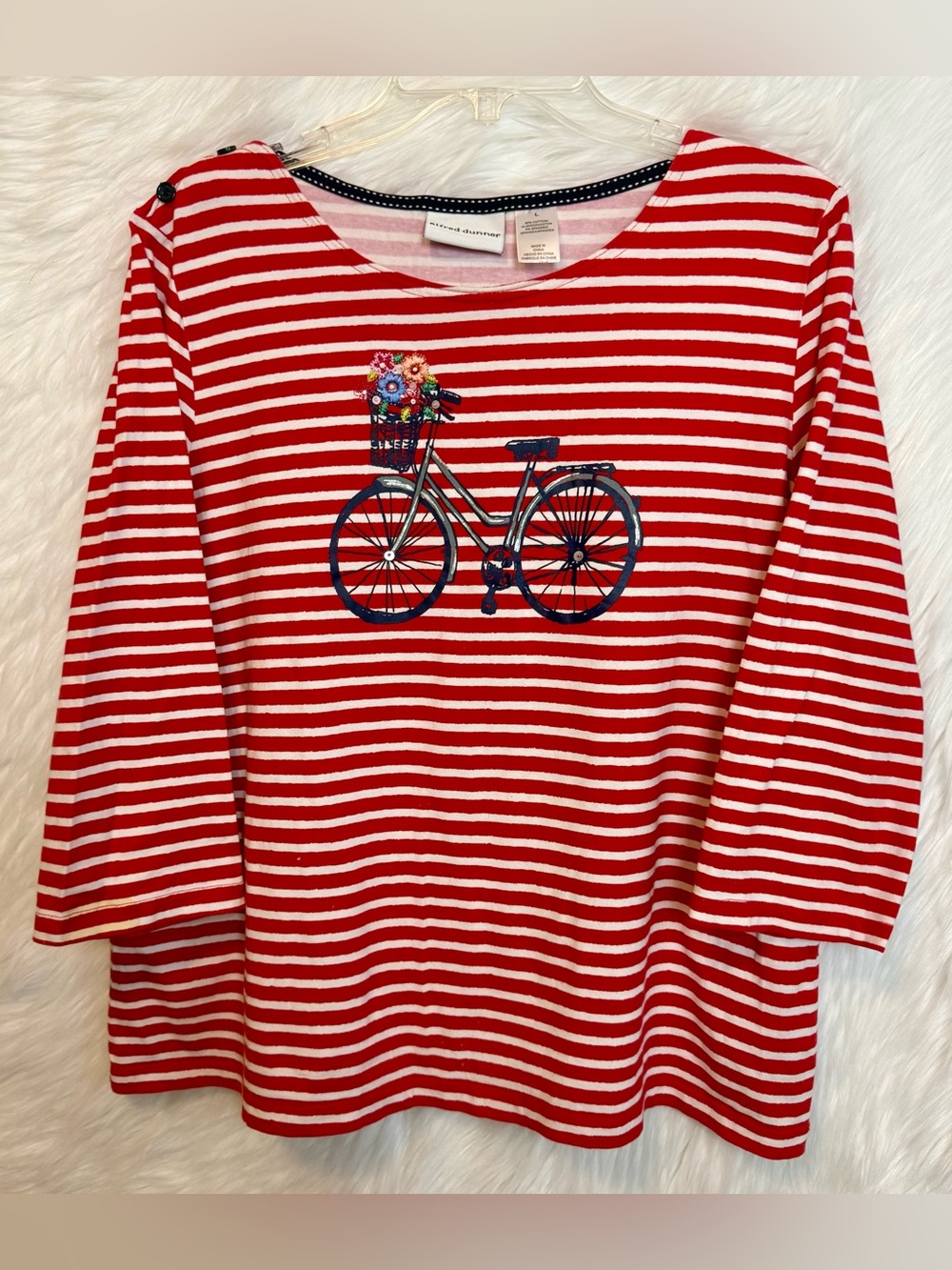 Alfred Dunner Red & White Striped Bicycle Shirt Boatneck 3/4 Sleeve Beaded